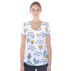 Whale Cartoon Whale Seamless Cartoon Character Animals Leaf Short Sleeve Front Detail Top by Grandong