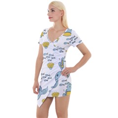 Whale Cartoon Whale Seamless Cartoon Character Animals Leaf Short Sleeve Asymmetric Mini Dress by Grandong