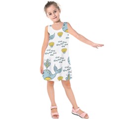 Whale Cartoon Whale Seamless Cartoon Character Animals Leaf Kids  Sleeveless Dress by Grandong