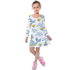 Whale Cartoon Whale Seamless Cartoon Character Animals Leaf Kids  Long Sleeve Velvet Dress by Grandong