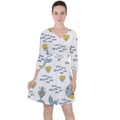 Whale Cartoon Whale Seamless Cartoon Character Animals Leaf Quarter Sleeve Ruffle Waist Dress by Grandong