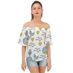 Whale Cartoon Whale Seamless Cartoon Character Animals Leaf Off Shoulder Short Sleeve Top by Grandong