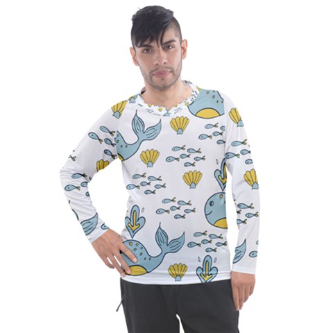 Whale Cartoon Whale Seamless Cartoon Character Animals Leaf Men s Pique Long Sleeve T-shirt by Grandong