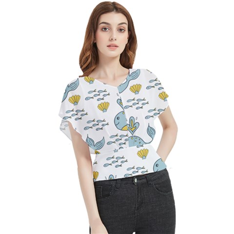 Whale Cartoon Whale Seamless Cartoon Character Animals Leaf Butterfly Chiffon Blouse by Grandong