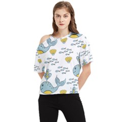 Whale Cartoon Whale Seamless Cartoon Character Animals Leaf One Shoulder Cut Out T-shirt by Grandong