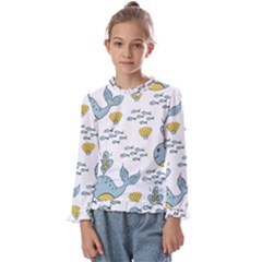 Whale Cartoon Whale Seamless Cartoon Character Animals Leaf Kids  Frill Detail T-shirt