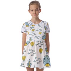 Whale Cartoon Whale Seamless Cartoon Character Animals Leaf Kids  Short Sleeve Pinafore Style Dress by Grandong