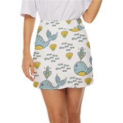 Whale Cartoon Whale Seamless Cartoon Character Animals Leaf Mini Front Wrap Skirt by Grandong