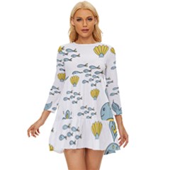 Whale Cartoon Whale Seamless Cartoon Character Animals Leaf Long Sleeve Babydoll Dress by Grandong