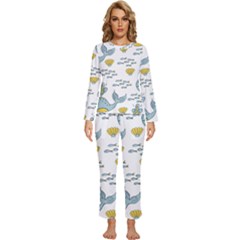 Whale Cartoon Whale Seamless Cartoon Character Animals Leaf Womens  Long Sleeve Lightweight Pajamas Set by Grandong