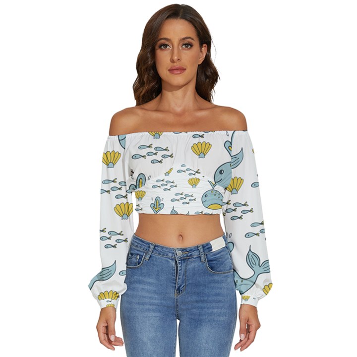 Whale Cartoon Whale Seamless Cartoon Character Animals Leaf Long Sleeve Crinkled Weave Crop Top