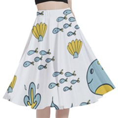 Whale Cartoon Whale Seamless Cartoon Character Animals Leaf A-line Full Circle Midi Skirt With Pocket