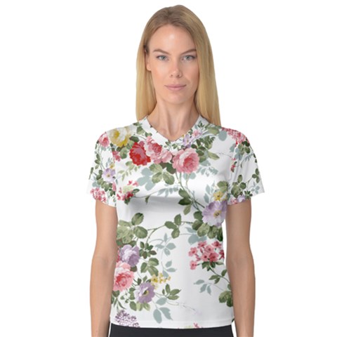 Floral Elements Peony Chinese Rose V-neck Sport Mesh T-shirt by Grandong