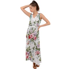 Floral Elements Peony Chinese Rose V-neck Chiffon Maxi Dress