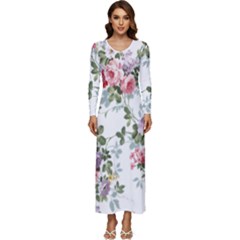 Floral Elements Peony Chinese Rose Long Sleeve Longline Maxi Dress