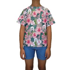 Hibiscus Flowers With White Dhari On Kids  Short Sleeve Swimwear by DeadlyKidsClothing2024