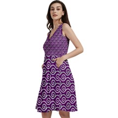 Violet White Pattern Sleeveless V-neck Skater Dress With Pockets by ytdream