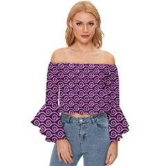 Violet White Pattern Off Shoulder Flutter Bell Sleeve Top