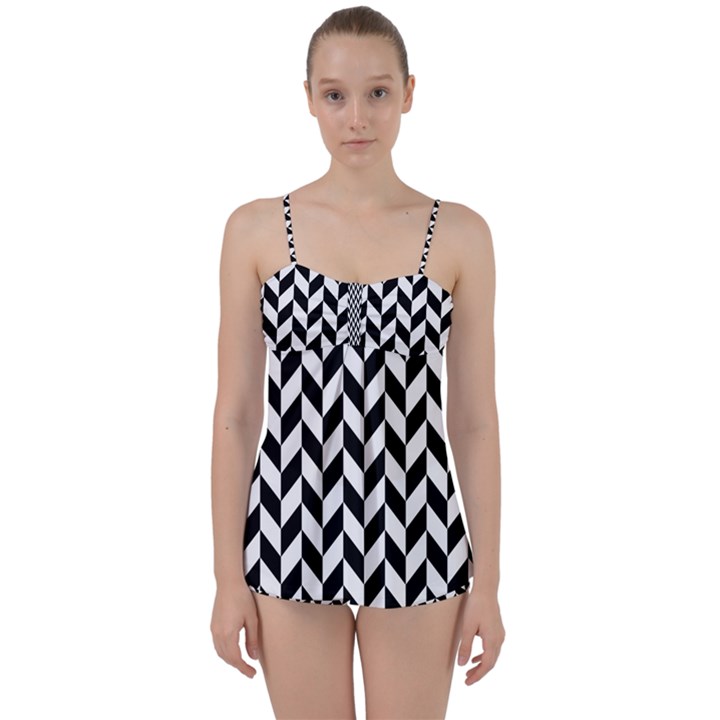 Black And White Pattern Babydoll Tankini Set