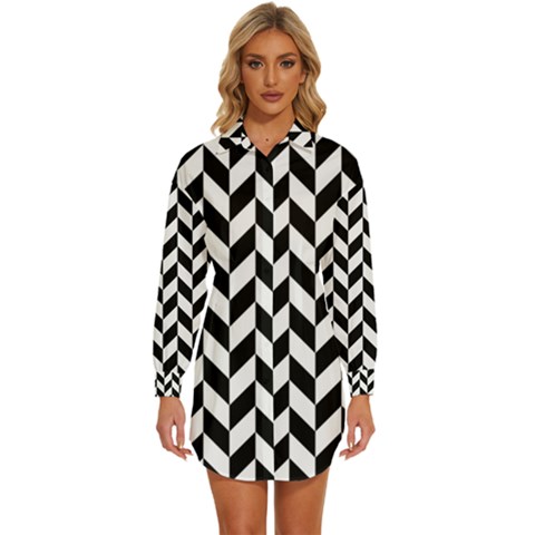 Black And White Pattern Womens Long Sleeve Shirt Dress by ytdream