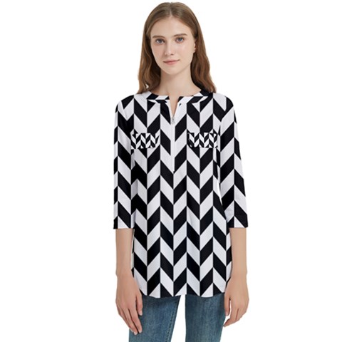 Black And White Pattern Women s Zip Front V-neck 3/4 Sleeve Casual Top Pocket Shirt by ytdream