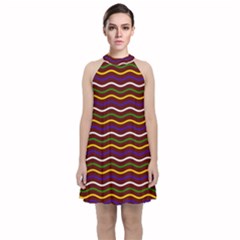 Multicolor Wave Pattern Velvet Halter Neckline Dress 