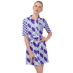 White Blue Pattern Belted Shirt Dress by ytdream