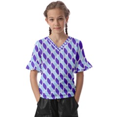 White Blue Pattern Kids  V-neck Horn Sleeve Blouse by ytdream