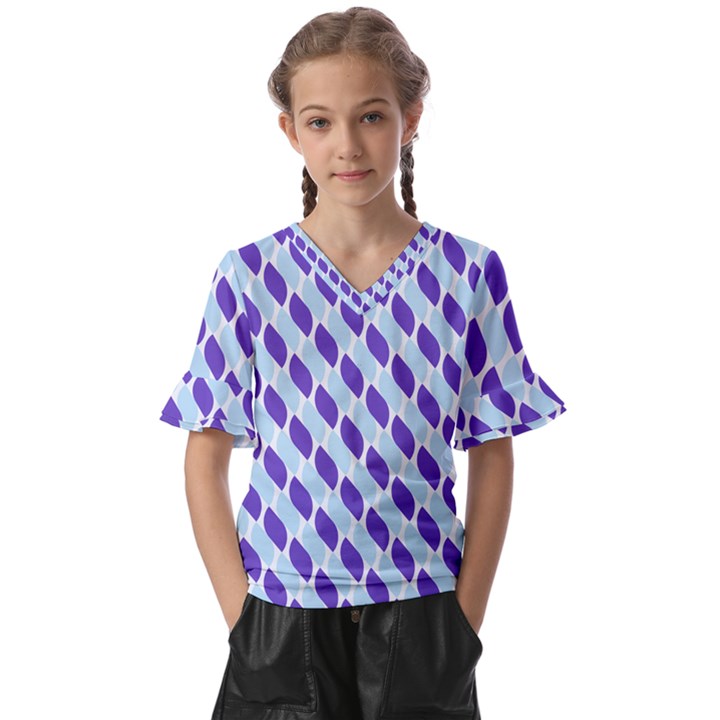 White Blue Pattern Kids  V-Neck Horn Sleeve Blouse