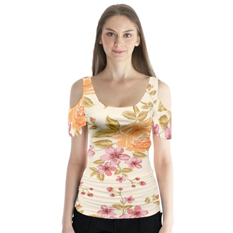 Peony Flower Floral Flora Pattern Butterfly Sleeve Cutout T-shirt  by Bedest