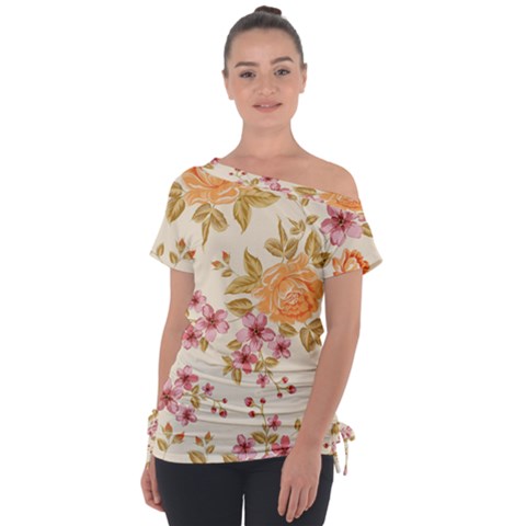 Peony Flower Floral Flora Pattern Off Shoulder Tie-up T-shirt by Bedest