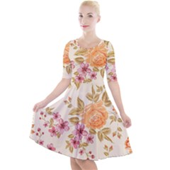 Peony Flower Floral Flora Pattern Quarter Sleeve A-line Dress With Pockets by Bedest