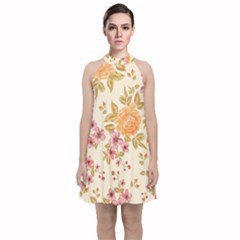 Peony Flower Floral Flora Pattern Velvet Halter Neckline Dress 