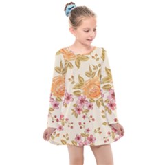 Peony Flower Floral Flora Pattern Kids  Long Sleeve Dress