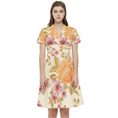 Peony Flower Floral Flora Pattern Short Sleeve Waist Detail Dress