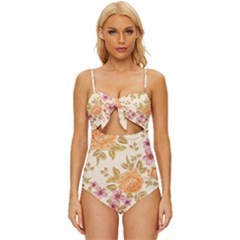 Peony Flower Floral Flora Pattern Knot Front One-piece Swimsuit by Bedest