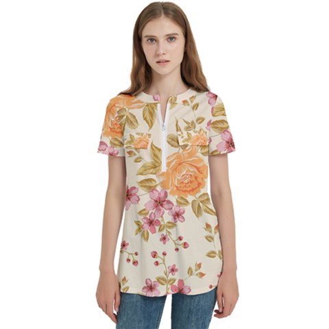 Peony Flower Floral Flora Pattern Women s Zip Front V-neck Short Sleeve Casual Top Pocket Shirt by Bedest