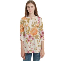 Peony Flower Floral Flora Pattern Women s Zip Front V-neck 3/4 Sleeve Casual Top Pocket Shirt