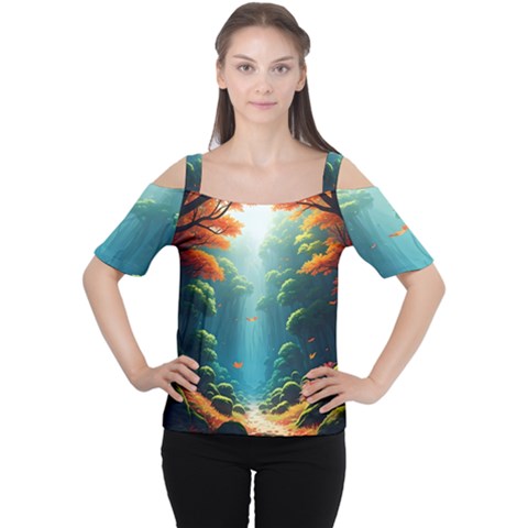 Autumn Trees Nature Cutout Shoulder T-shirt by Bedest