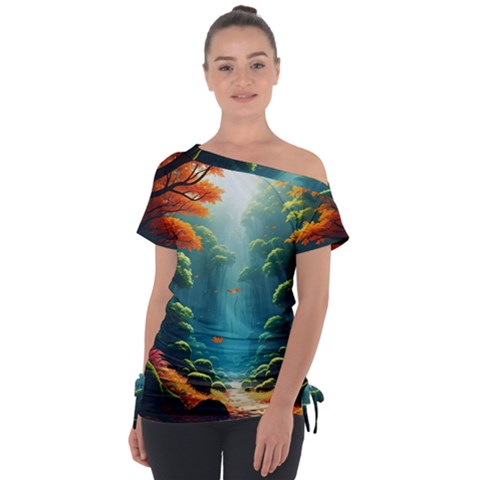 Autumn Trees Nature Off Shoulder Tie-up T-shirt by Bedest