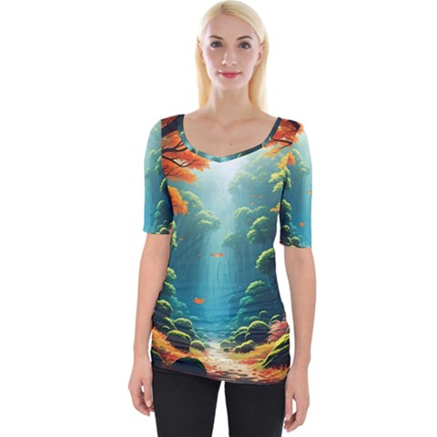 Autumn Trees Nature Wide Neckline T-shirt by Bedest