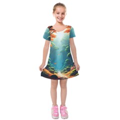 Autumn Trees Nature Kids  Short Sleeve Velvet Dress