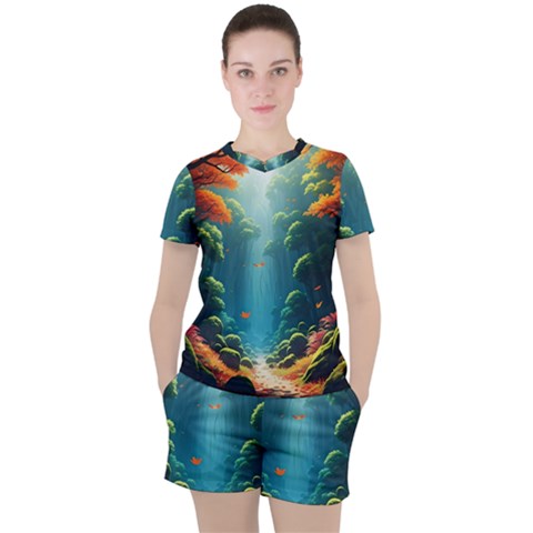 Autumn Trees Nature Women s T-shirt And Shorts Set by Bedest