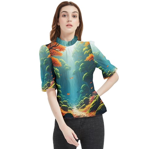 Autumn Trees Nature Frill Neck Blouse by Bedest