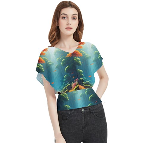 Autumn Trees Nature Butterfly Chiffon Blouse by Bedest