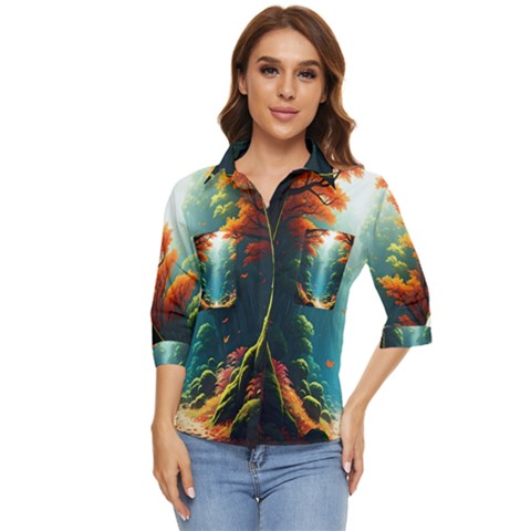 Autumn Trees Nature Women s Quarter Sleeve Pocket Shirt by Bedest