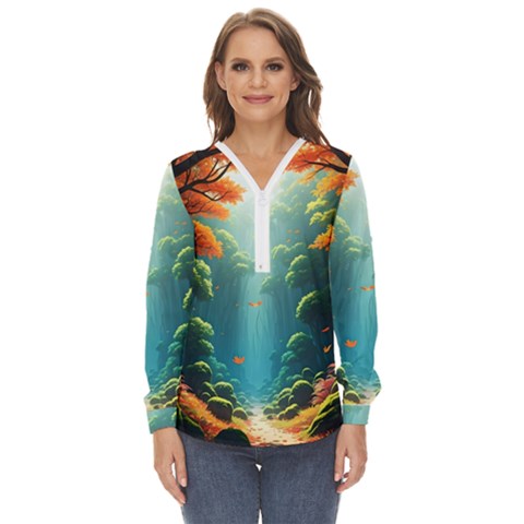 Autumn Trees Nature Zip Up Long Sleeve Blouse by Bedest