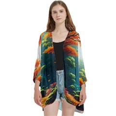 Autumn Trees Nature Open Front 3/4 Sleeve Batwing Chiffon Cardigan Kimono by Bedest