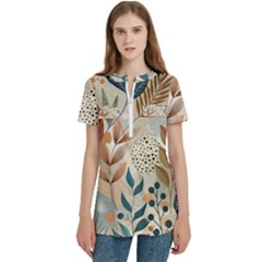 Leaves Pattern Flower Floral Flora Women s Zip Front V-neck Short Sleeve Casual Top Pocket Shirt