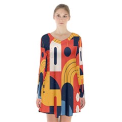 Abstract Pattern Long Sleeve Velvet V-neck Dress